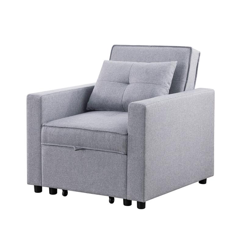 Lara Linen Fabric Convertible Sleeper Chair with Side Pocket in Light Gray