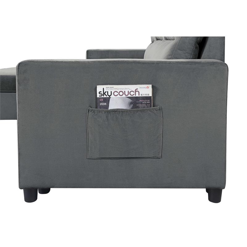 Lilola Home Ivy Velvet Reversible Sleeper Sectional with Storage in Dark Gray