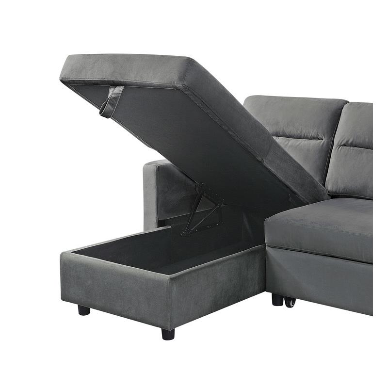 Lilola Home Ivy Velvet Reversible Sleeper Sectional with Storage in Dark Gray
