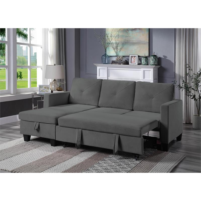 Lilola Home Velvet Reversible Sleeper Sectional with Storage in Dark Gray