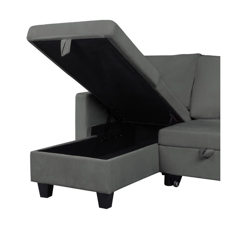 Lilola Home Velvet Reversible Sleeper Sectional with Storage in Dark Gray