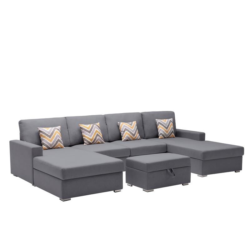 Nolan Gray Linen Fabric 5PcDouble Chaise Sectional Interchangeable Legs Ottoman