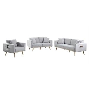 Easton Light Gray Linen Fabric Sofa Loveseat Chair Living Room Set w/ USB Ports