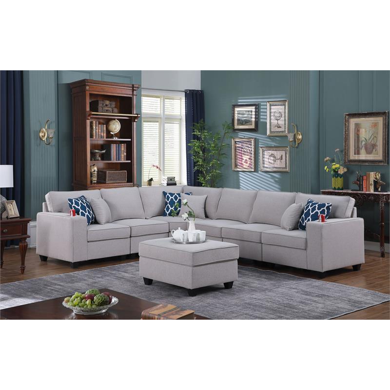 Cooper Light Gray Linen Fabric Reversible Sectional w/ Ottoman and Cupholder