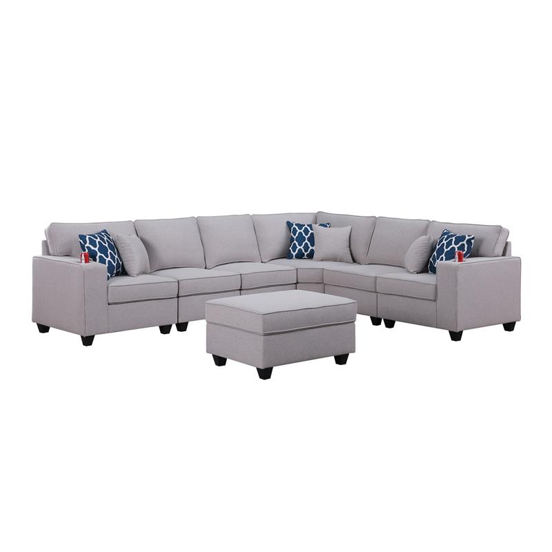 Cooper Light Gray Linen Fabric Reversible Sectional w/ Ottoman and Cupholder