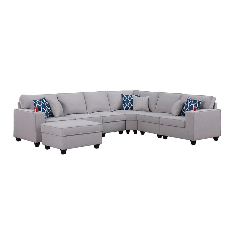 Cooper Light Gray Linen Fabric Reversible Sectional w/ Ottoman and Cupholder
