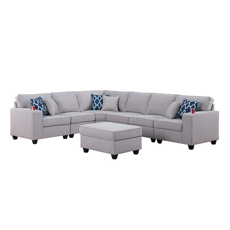 Cooper Light Gray Linen Fabric Reversible Sectional w/ Ottoman and Cupholder
