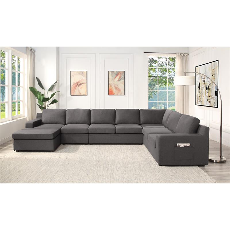 Waylon Gray Linen Fabric 7-Seater U-Shape Sectional Sofa Chaise with Pocket