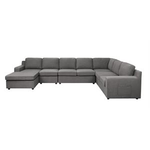 Waylon Gray Linen Fabric 7-Seater U-Shape Sectional Sofa Chaise with Pocket