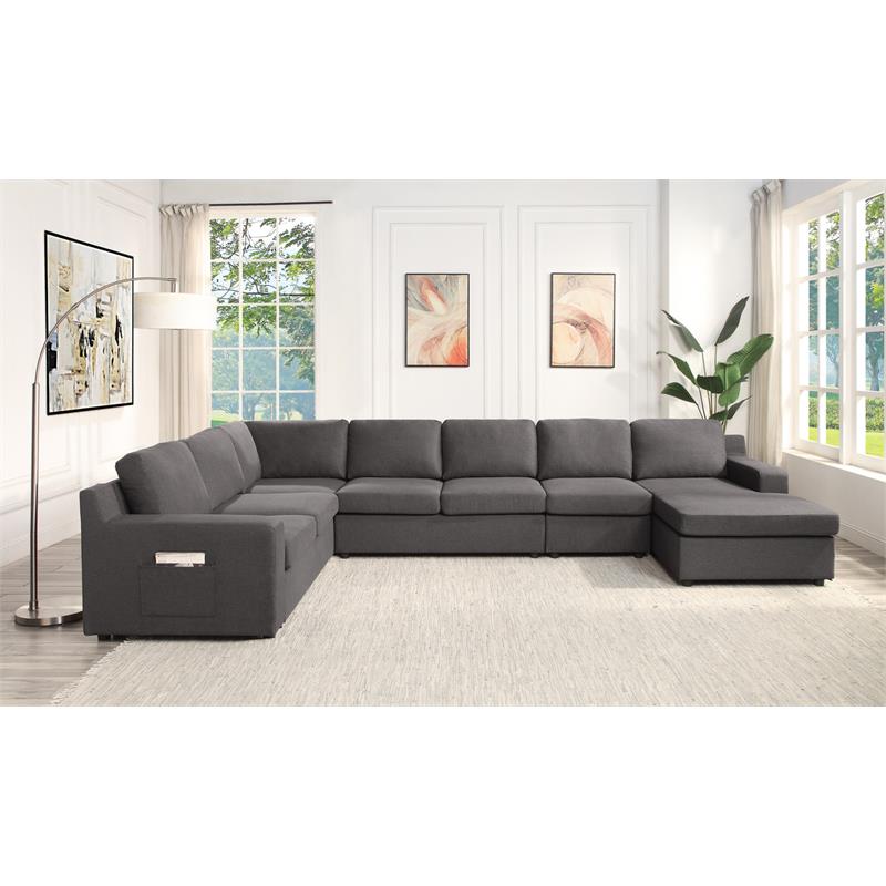 Waylon Gray Linen Fabric 7-Seater U-Shape Sectional Sofa Chaise with Pocket
