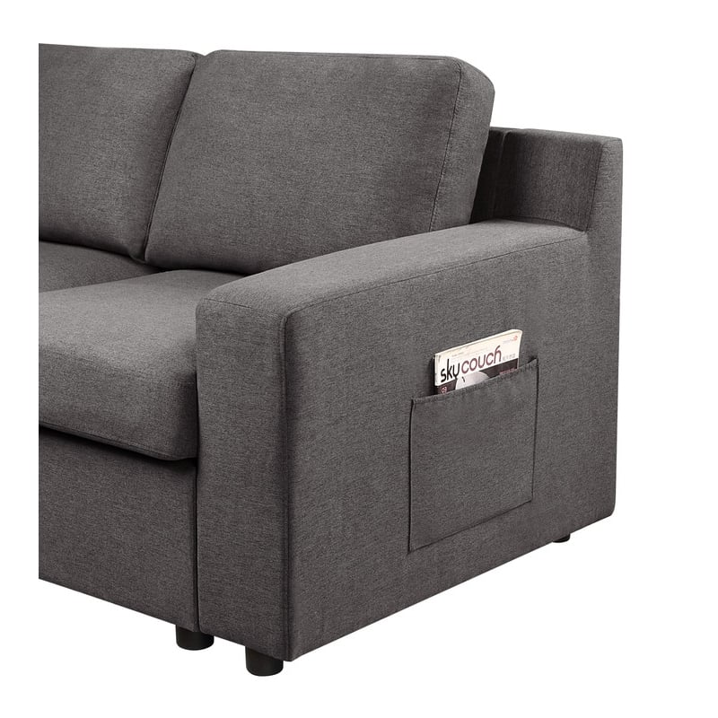 Waylon Gray Fabric Linen 4-Seater Sofa with Pockets and Black Legs