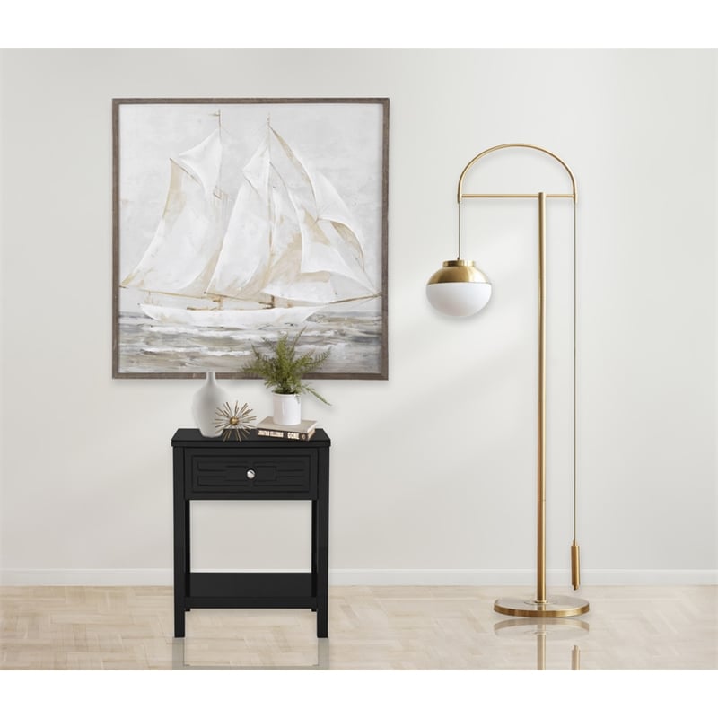 Dylan Black Engineered Wood End Side Table Nightstand with Glass Top and Drawer
