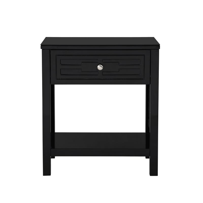 Dylan Black Engineered Wood End Side Table Nightstand with Glass Top and Drawer