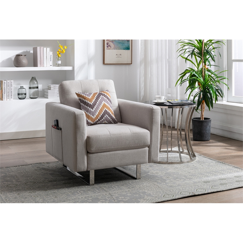 Victoria Beige Linen Fabric Armchair with Metal Legs Side Pockets and Pillow