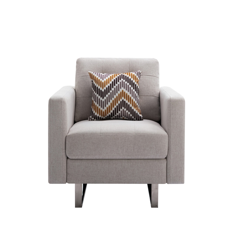 Victoria Beige Linen Fabric Armchair with Metal Legs Side Pockets and Pillow