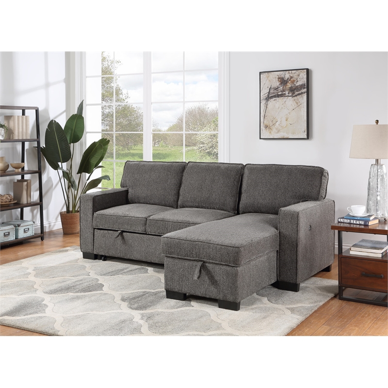 Estelle Dark Gray Fabric Rev. Sleeper Sectional Storage Cup Holders USB Port