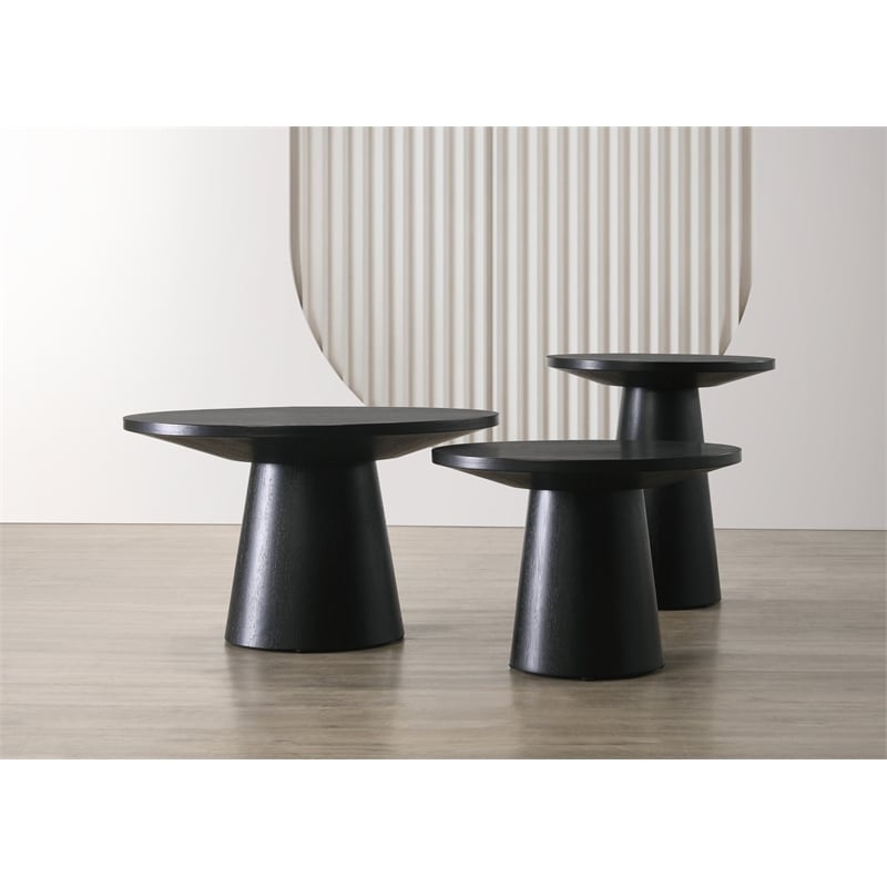 Jasper Ebony Black Wood 3-PC Coffee End & Console Table Set with Pedestal Base