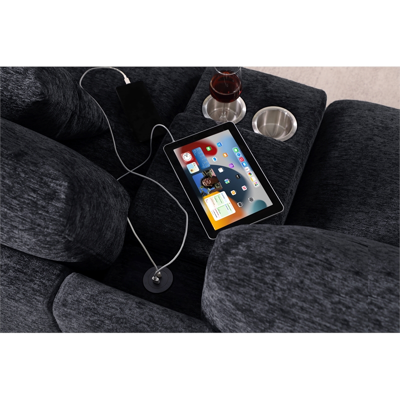Celine Dark Gray Chenille Fabric Sectional Chaise Cupholders Charging Ports
