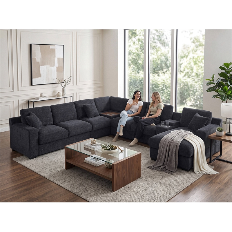 Celine Dark Gray Chenille Fabric Sectional Chaise Cupholders Charging Ports