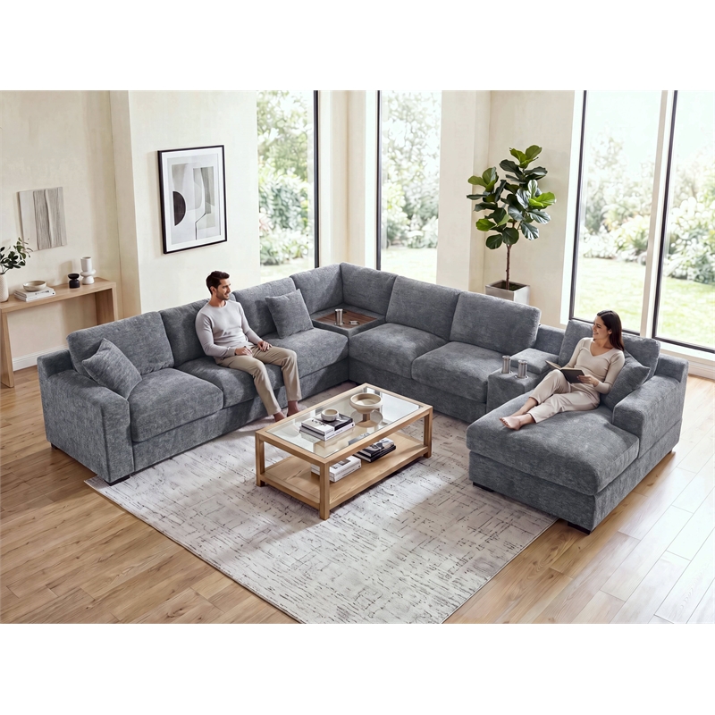 Celine Light Gray Chenille Sectional Rt-Facing Chaise Cupholders Charging Ports