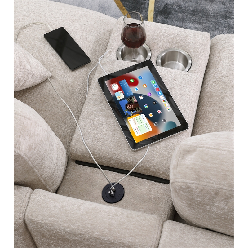 Celine Beige Chenille Fabric Sectional Chaise Cupholders Charging Ports
