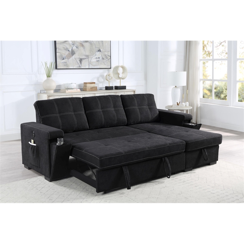 Toby Black Woven Reversible Sleeper Storage Chaise Cup Holder USB Ports Pockets