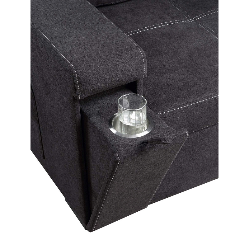 Toby Black Woven Reversible Sleeper Storage Chaise Cup Holder USB Ports Pockets
