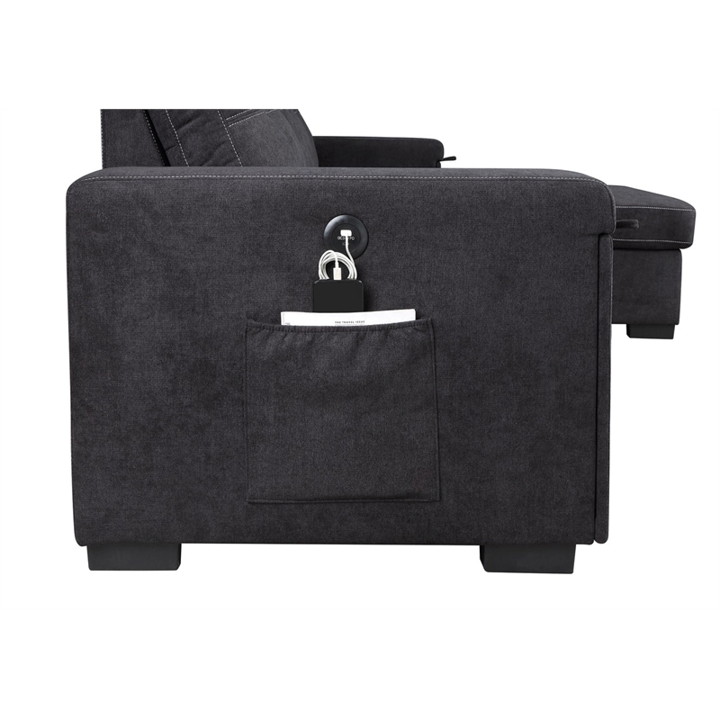 Toby Black Woven Reversible Sleeper Storage Chaise Cup Holder USB Ports Pockets