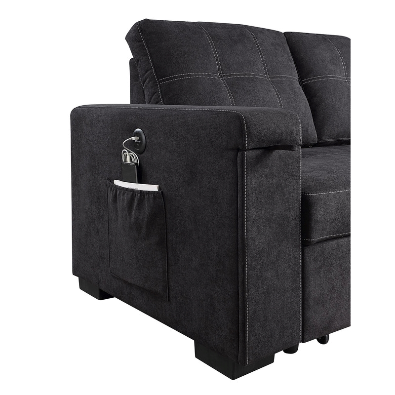 Toby Black Woven Reversible Sleeper Storage Chaise Cup Holder USB Ports Pockets