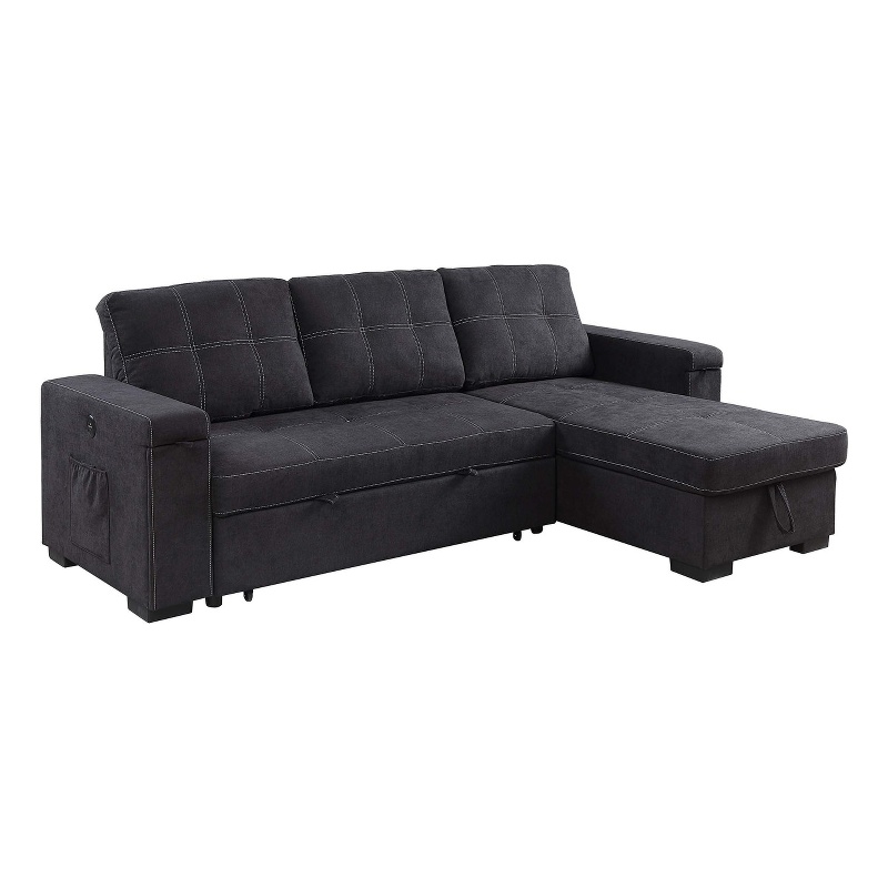 Toby Black Woven Reversible Sleeper Storage Chaise Cup Holder USB Ports Pockets