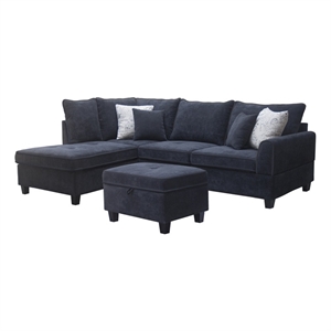 Harmony 99.5&quotW Black Fabric Sectional with LF Chaise and Storage Ottoman