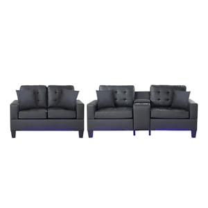 Genesis Black PVC Fabric Living Room Set w/ LED+USB+Strg+Cuphldrs+Tuft. Cushions