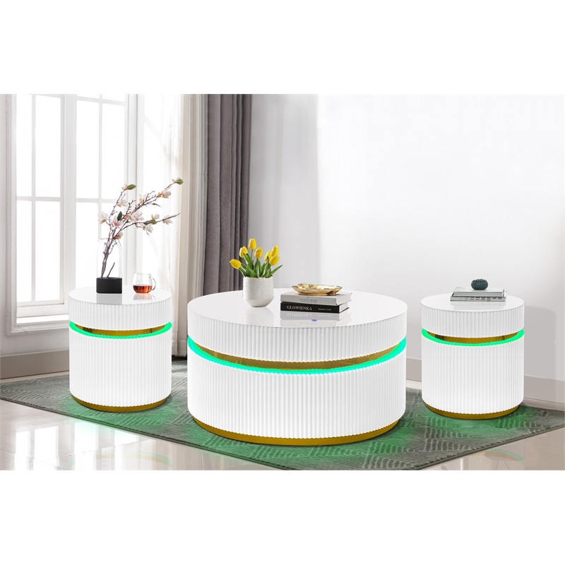 Tavita 3-Piece Round White Wood Coffee Table Set with Glass Top and LED Lights
