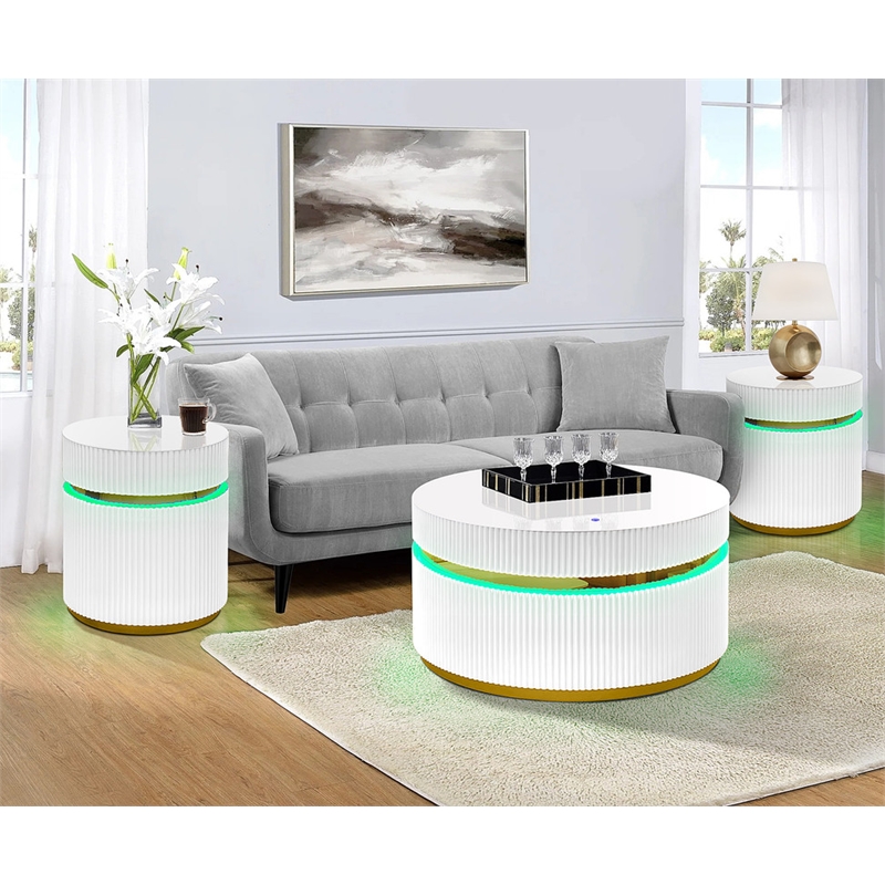 Tavita 3-Piece Round White Wood Coffee Table Set with Glass Top and LED Lights