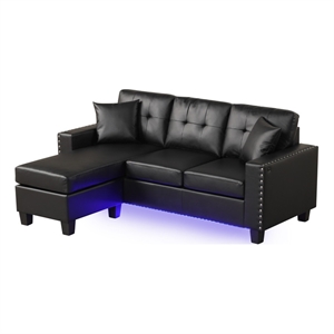 Sorenza 74&quot Black PVC Fabric Rev.Sect Chaise w/LED+USB Port+Pillows+Tufted Cush.