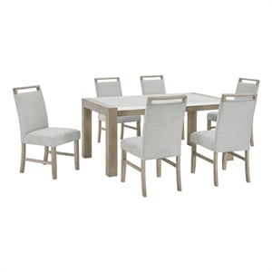 Tabitha 7Pc 66&quotW Rect White Faux Marble Top Dining Set in Light Oak Wood Finish