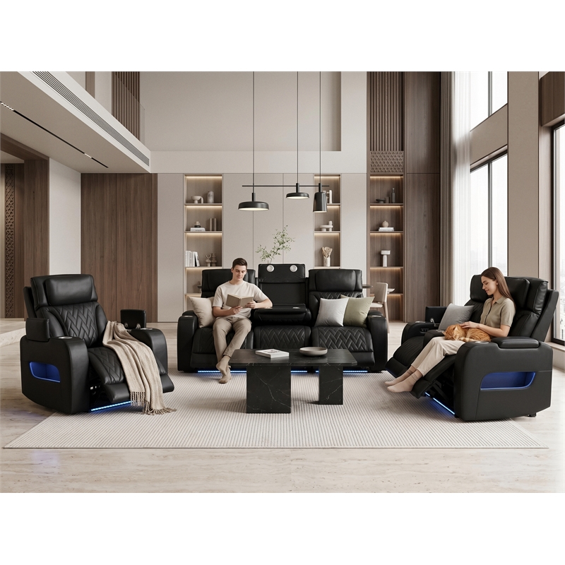 Jazz Black Faux Leather Pwr Recl. 3PC Set+BT Spkrs+LED+Wrls Chrg+USB+Cuphldrs