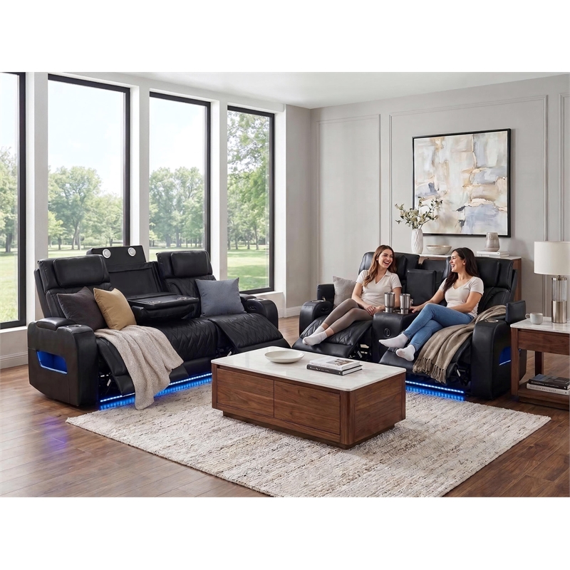 Jazz Black Faux Leather Pwr Recl.Sofa LS Set+BT Spkrs+LED+Wrls Chrg+USB+Cuphldrs
