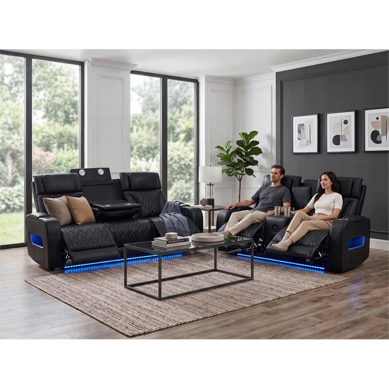 Jazz Black Faux Leather Pwr Recl.Sofa LS Set+BT Spkrs+LED+Wrls Chrg+USB+Cuphldrs