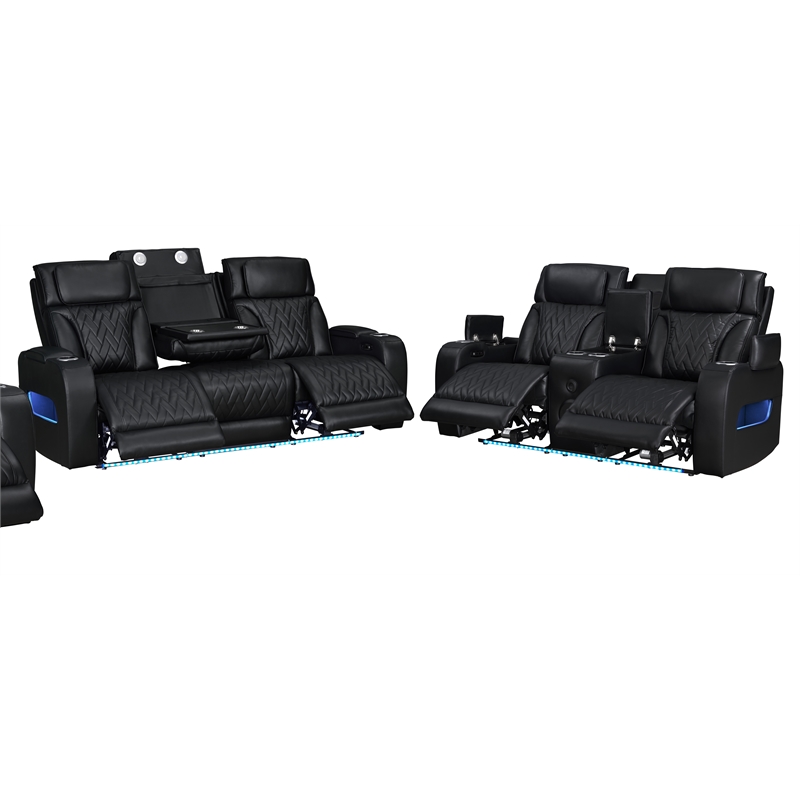 Jazz Black Faux Leather Pwr Recl.Sofa LS Set+BT Spkrs+LED+Wrls Chrg+USB+Cuphldrs