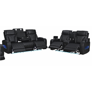 Jazz Black Faux Leather Pwr Recl.Sofa LS Set+BT Spkrs+LED+Wrls Chrg+USB+Cuphldrs
