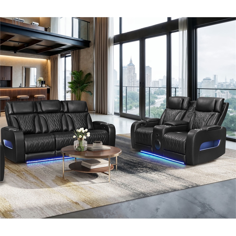 Jazz Black Faux Leather Pwr Recl.Sofa LS Set+BT Spkrs+LED+Wrls Chrg+USB+Cuphldrs