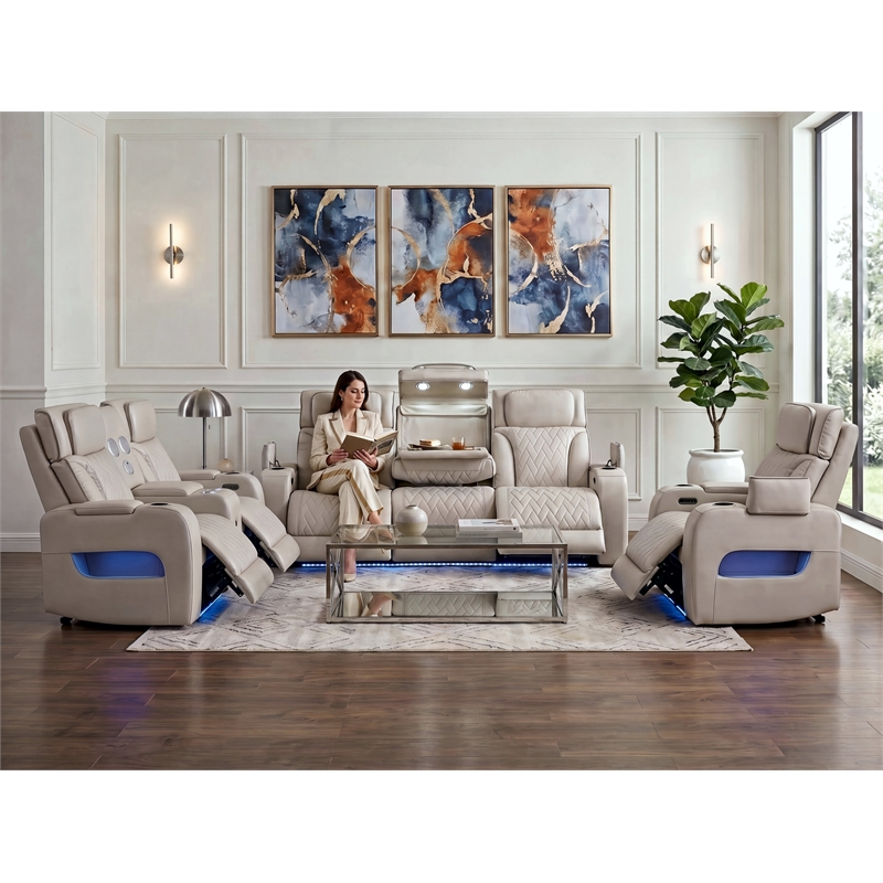 Jazz White Faux Leather Pwr Recl. 3PC Set+BT Spkrs+LED+Wrls Chrg+USB+Cuphldrs