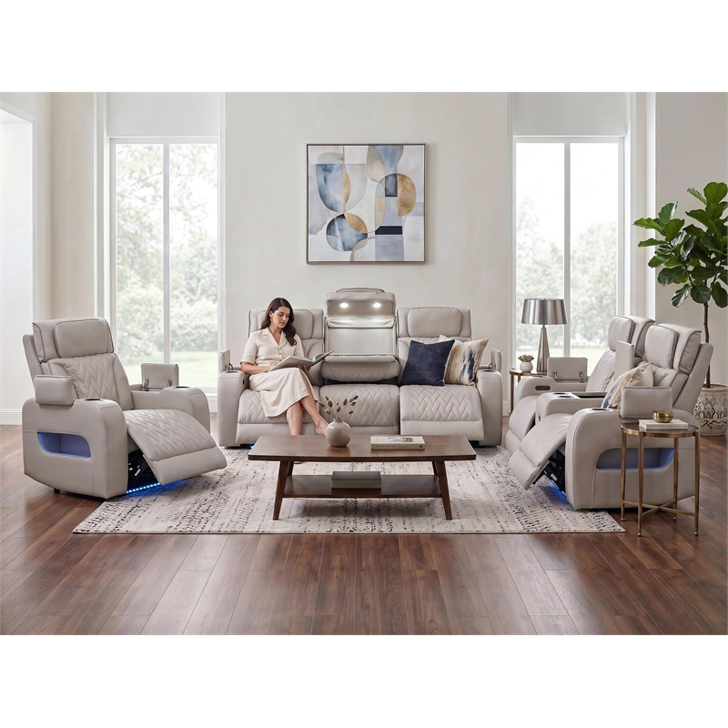 Jazz White Faux Leather Pwr Recl. 3PC Set+BT Spkrs+LED+Wrls Chrg+USB+Cuphldrs