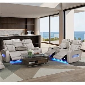 Jazz White Faux Leather Pwr Recl.Sofa LS Set+BT Spkrs+LED+Wrls Chrg+USB+Cuphldrs