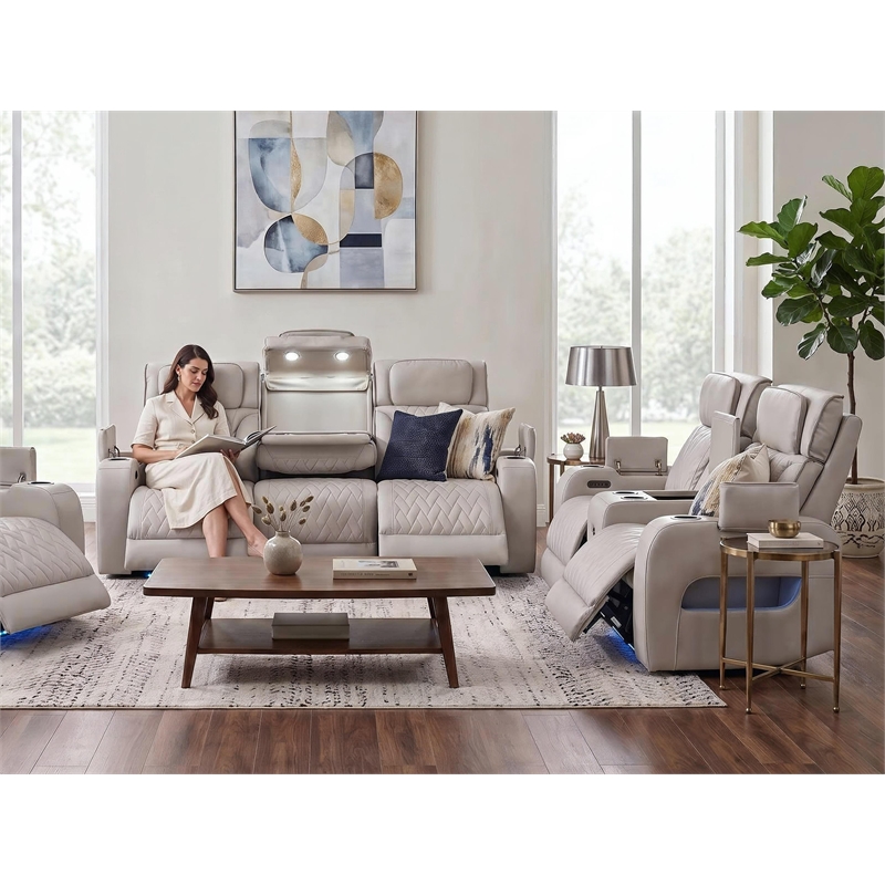 Jazz White Faux Leather Pwr Recl.Sofa LS Set+BT Spkrs+LED+Wrls Chrg+USB+Cuphldrs