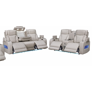 Jazz White Faux Leather Pwr Recl.Sofa LS Set+BT Spkrs+LED+Wrls Chrg+USB+Cuphldrs
