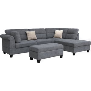 Diego 100&quotW Gray Fabric Sectional Sofa w/RF Chaise+Storage Ottoman+2 Pillows