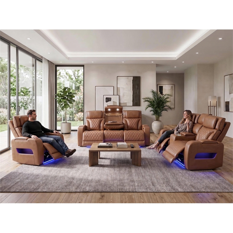 Jazz Lt Brown Faux Leather Pwr Recl. 3PC Set+BT Spkrs+LED+Wrls Chrg+USB+Cuphldrs