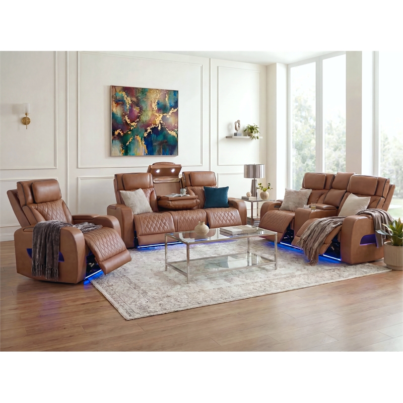 Jazz Lt Brown Faux Leather Pwr Recl. 3PC Set+BT Spkrs+LED+Wrls Chrg+USB+Cuphldrs